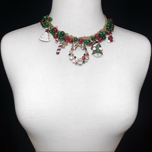 Christmas Theme Wreath Tree Snowman Jingle Bell Chunky Necklace Earrings Set - Picture 3 of 3